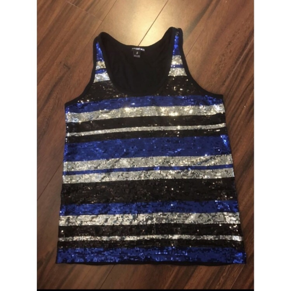 Ecko Unlimited women’s small tank top, sequin stripes, blue silver black